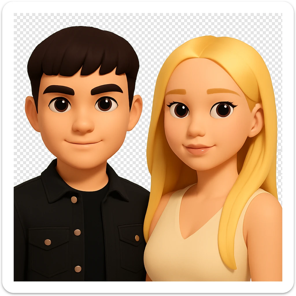 Slightly increase the volume of the upper body of the girl, separate the girl and the boy from each other, make the skin color the same for both characters. Maintain the cartoon style and keep the background transparent. sticker