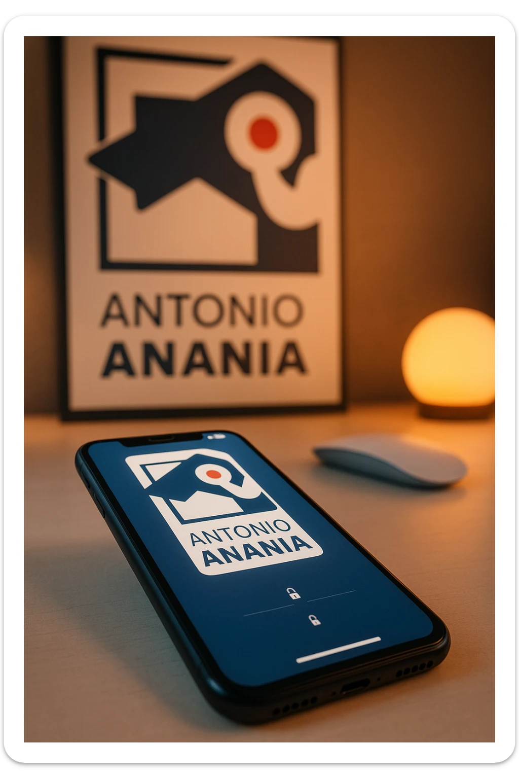 A photo of an iPhone on the desk with the logo of "Antonio Anania" on its screen, The phone sits atop a desk with a blurred with the logo in the background that suggests work environment. A faint glow from above casts gentle shadows across the surface of each object, creating depth and highlighting their textures sticker