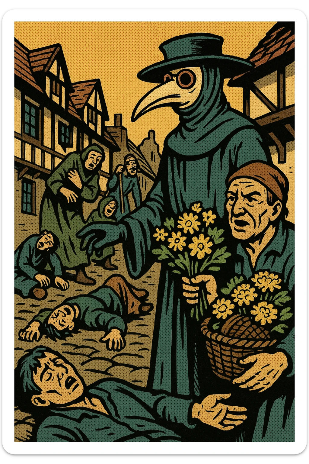 A street scene from a town in the 1600s in England with a plague doctor, several plague victims and an apothecary selling strong smelling flowers. This will show the Great Plague of 1665 sticker
