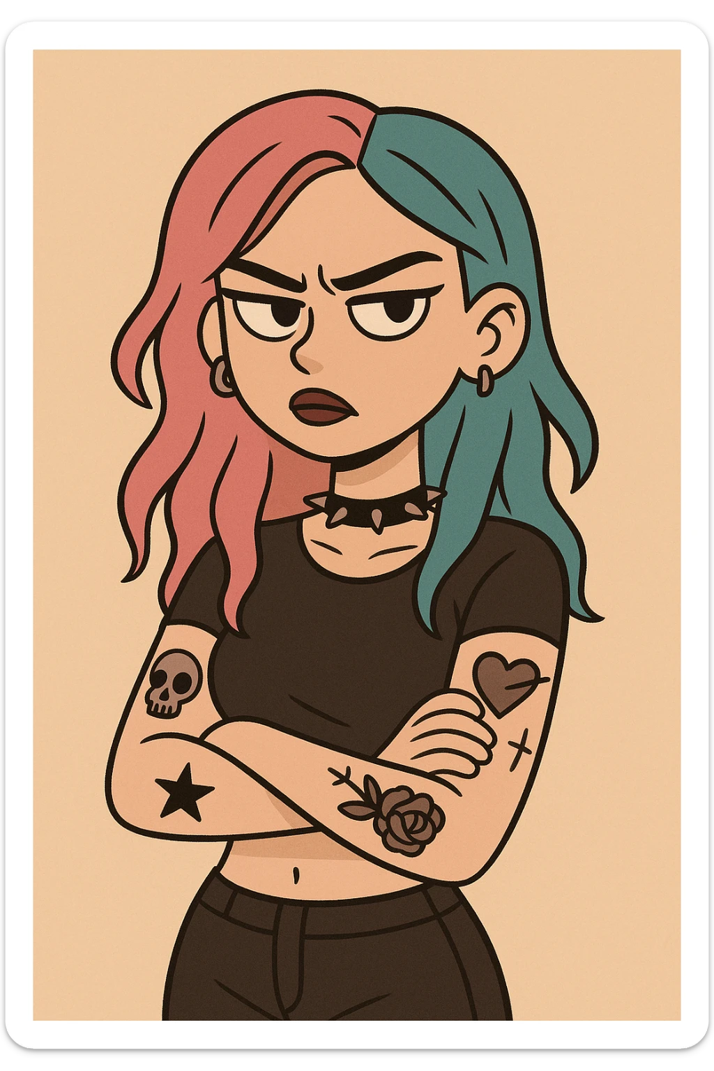 bad girl, dyed hair, visible tattoos, minimalist background sticker