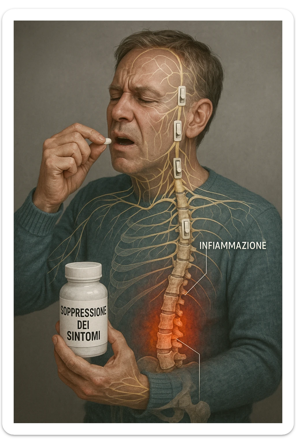 Realistica Man taking pain medication for chronic back pain, pills shown as dimmer switches turning down pain signals in transparent nervous system overlay, underlying spinal damage remaining completely untreated and worsening, expression of temporary relief masking progressive deterioration, medication bottle labeled 'symptom suppression' not 'cure', root cause inflammation continuing to spread in italiano sticker