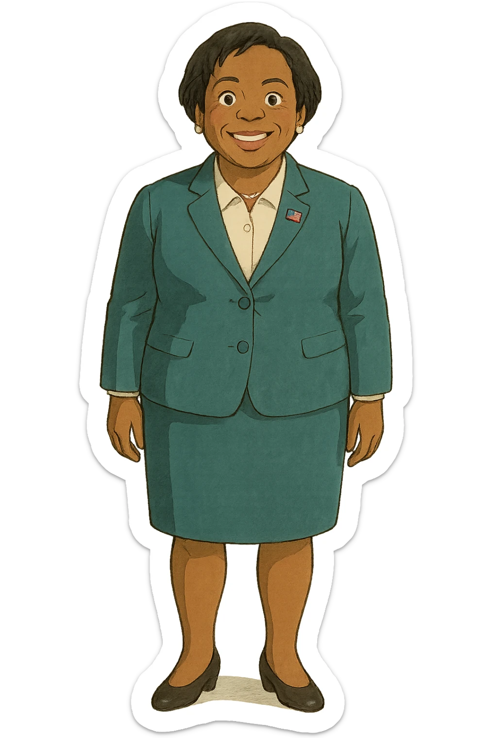 The full body of a modern day middle aged black female politician wearing a suite and smiling sticker