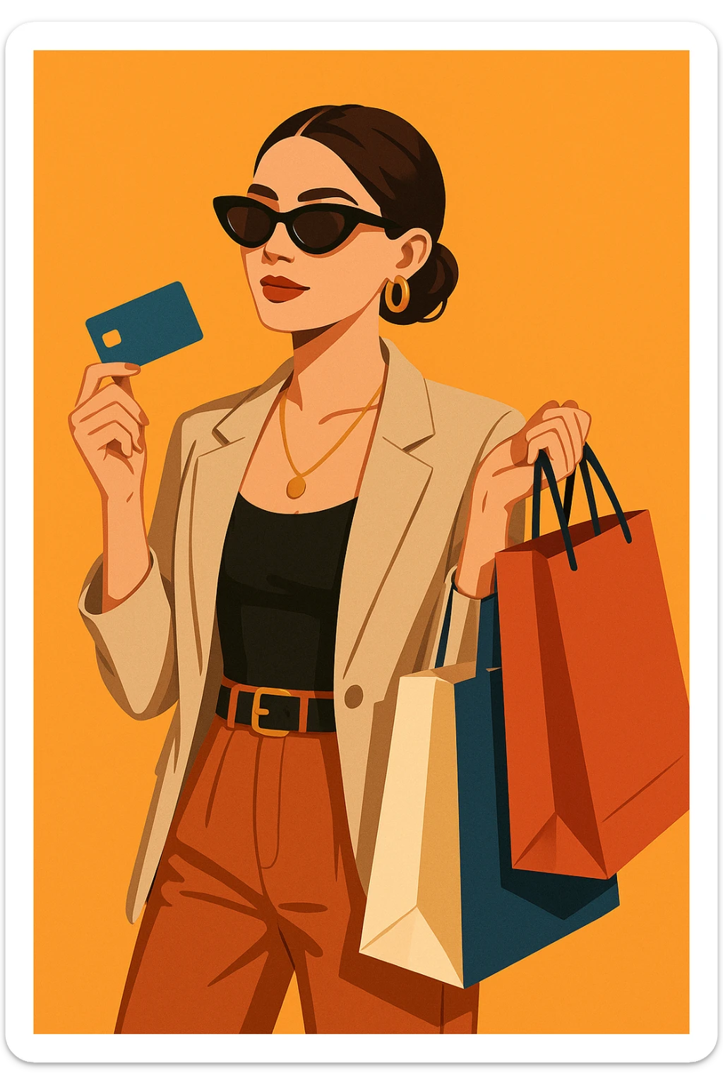 light skin woman with sunglasses, holding a credit card and shopping bags, modern illustration sticker