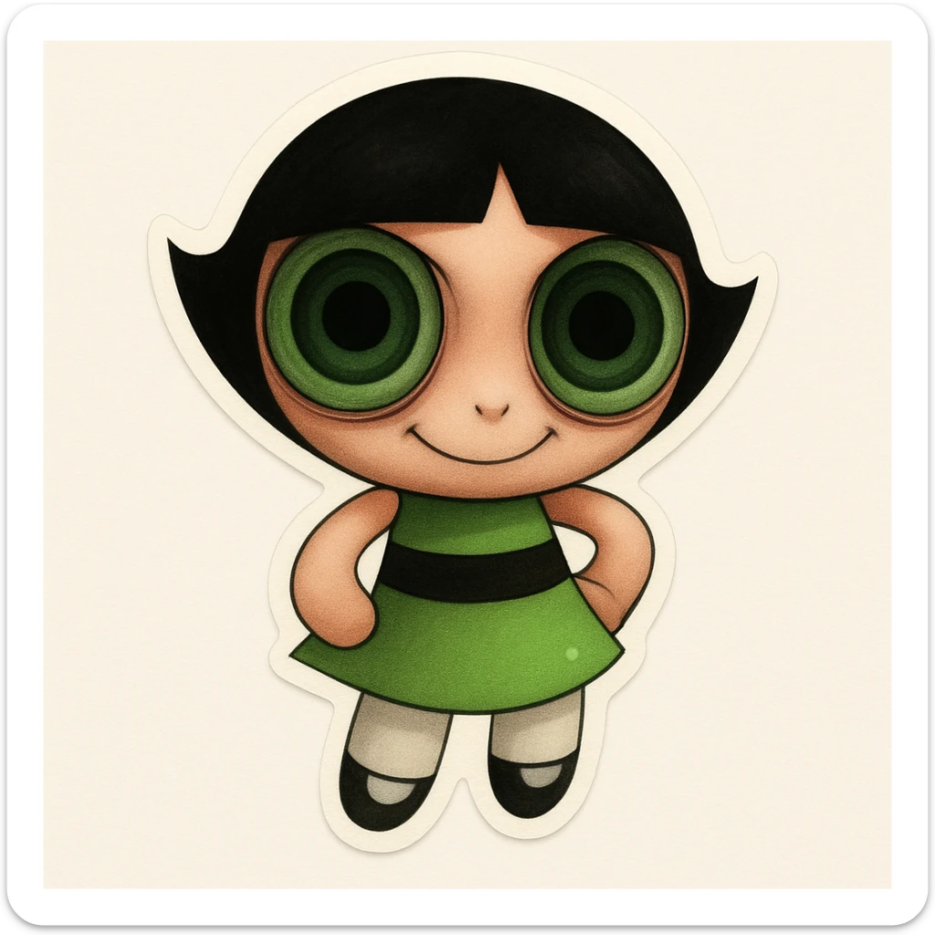 Add a creepy, wide-eyed stare and a subtle, unsettling smile to the character, maintaining the original cartoon style and quality. sticker