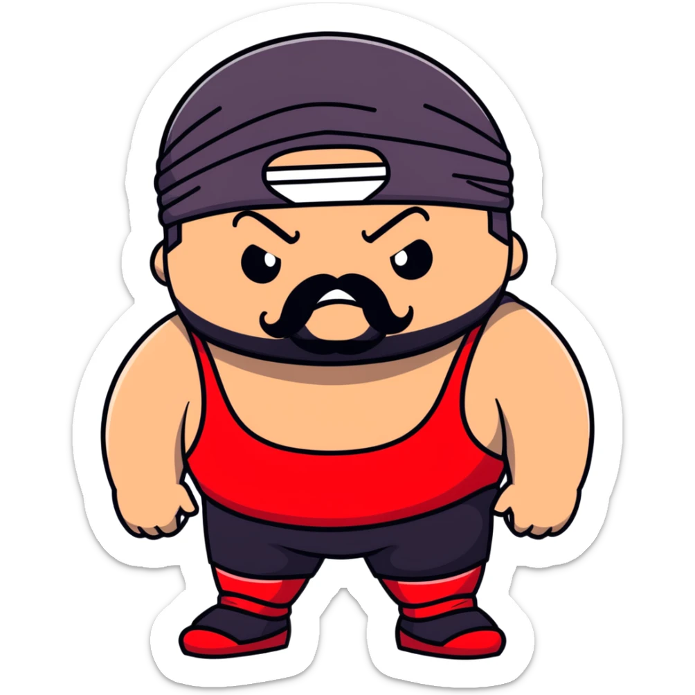 Extreme close-up of face of morbidly obese white skin guy with young face, prominent BLACK DURAG tied clearly on head, distinct black beard and mustache, black eyes in a red and black wrestling singlet with angry expression sticker