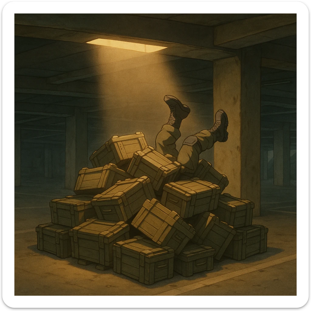 A pile of small oblong crates hidden in a parking structure with a beam of light shining from above, with someone’s boots sticking out like they dove in, tactical gear clothing  sticker