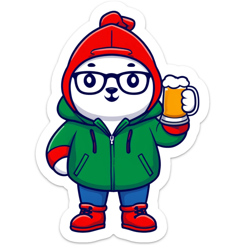 Catfish in a red winter jacket with hood, wearing round glasses, blue jeans, red boots, holding a beer can with a red label sticker