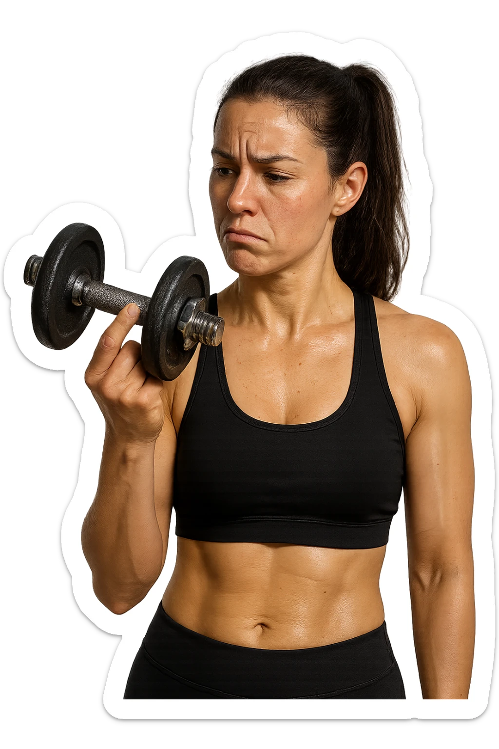 DONNA FITNESS CHE GUARDA DUBBIOSA UN MANUBRIO DA PALESTRA CHE HA IN MANO, iperrealistico 4k sticker