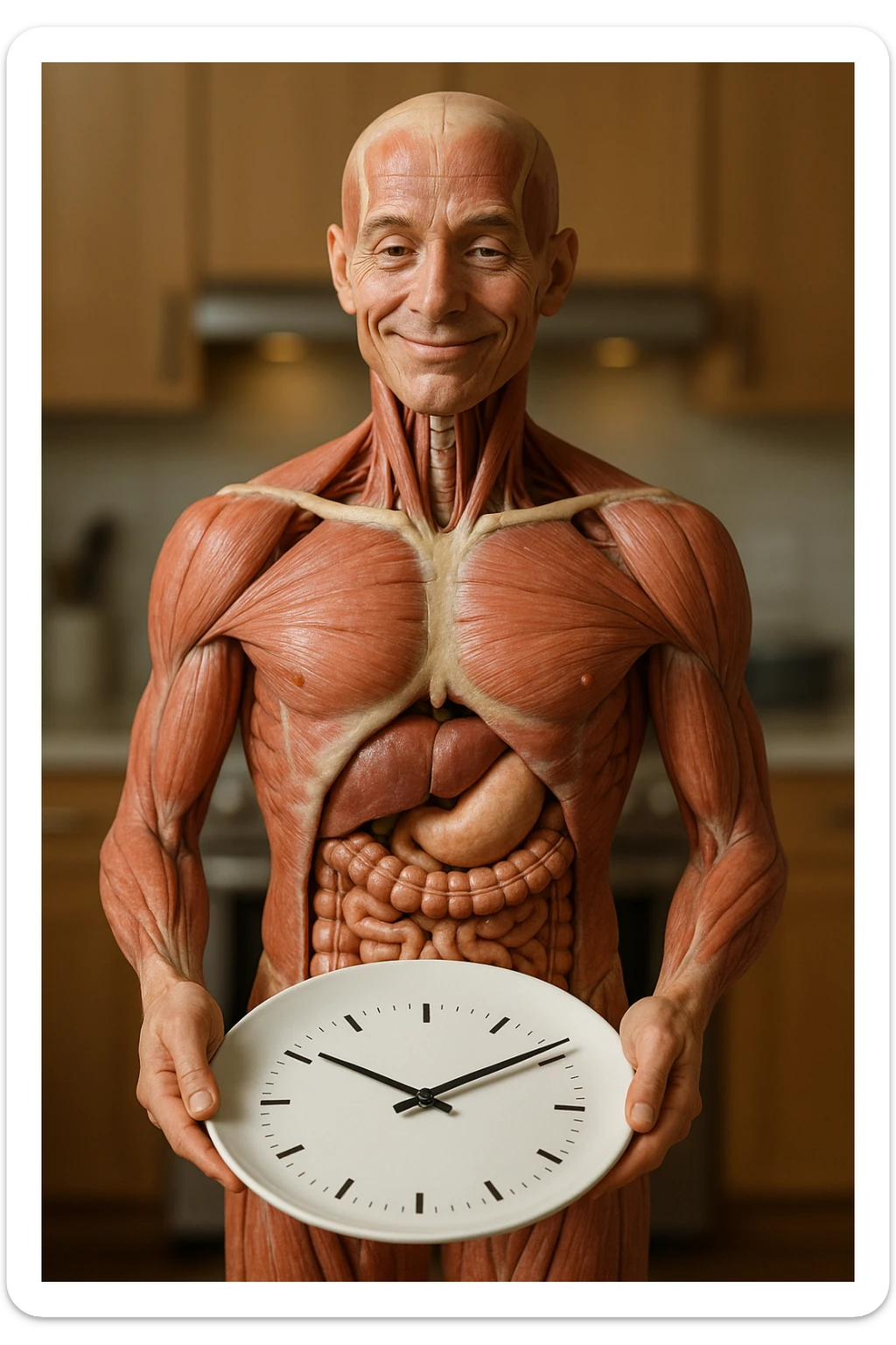 corpo umano anatomico, che tiene in mano un piatto bianco con la lancette di un orologio sopra, figura visibile fino ai fianchi, espressione del volto soddisfatta, sullo sfondo la sua cucina sfocata, iperrealistico 4k sticker
