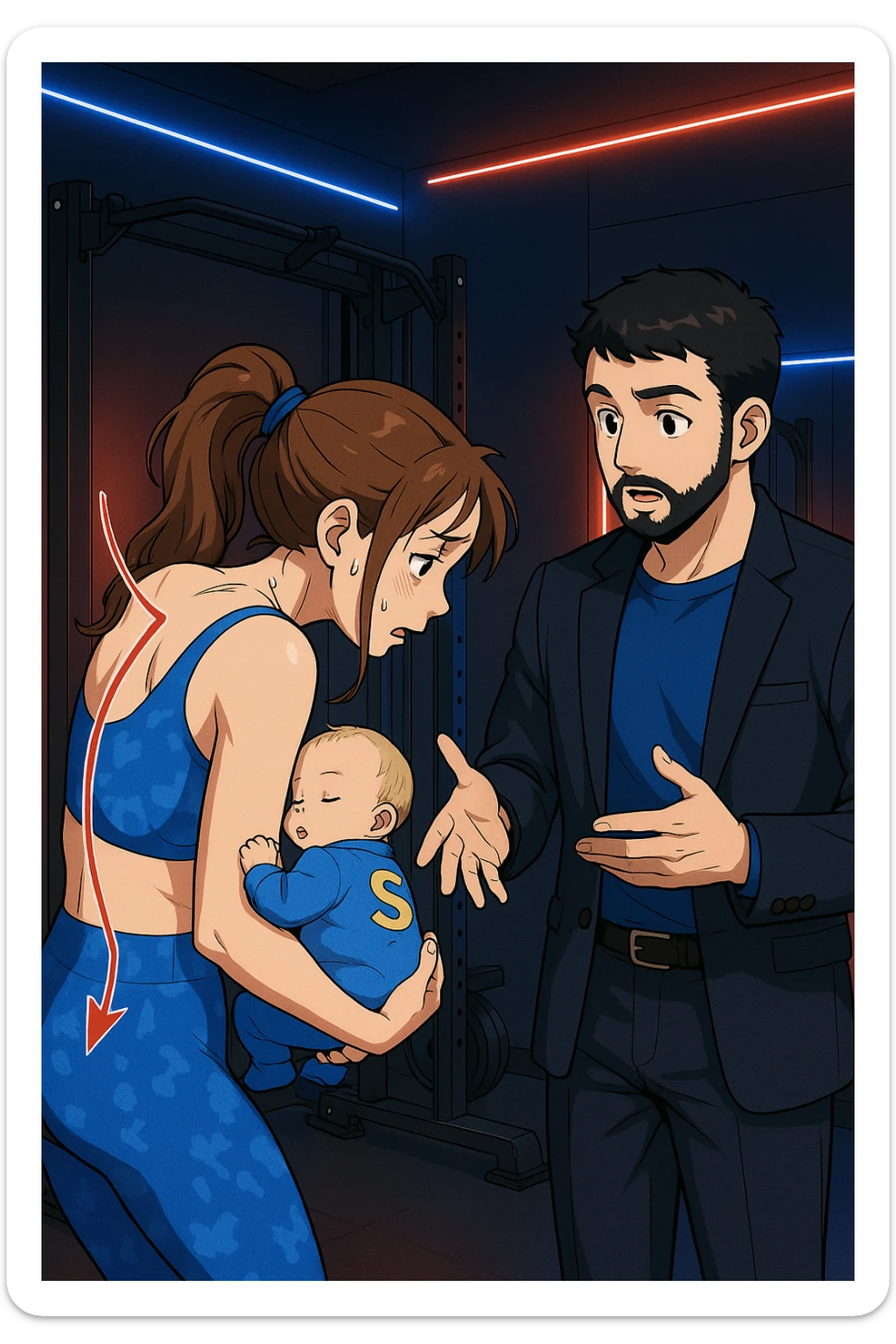 ispirati a questo stile di disegno e fai questa immagine in versione manga/webtoon a colori, il manga mostra la donna preoccupata di profilo con la postura sbagliata e incurvata, spalle chiuse e curve in avanti, con un neonato in braccio con una tutina azzurra e la scritta "S" sulla schiena, spina dorsale storta della donna in evidenza mentre ascolta l'uomo mentre l'uomo gli sta spiegando una cosa, ma non fare i fumetti, fai come se stessero parlando sticker