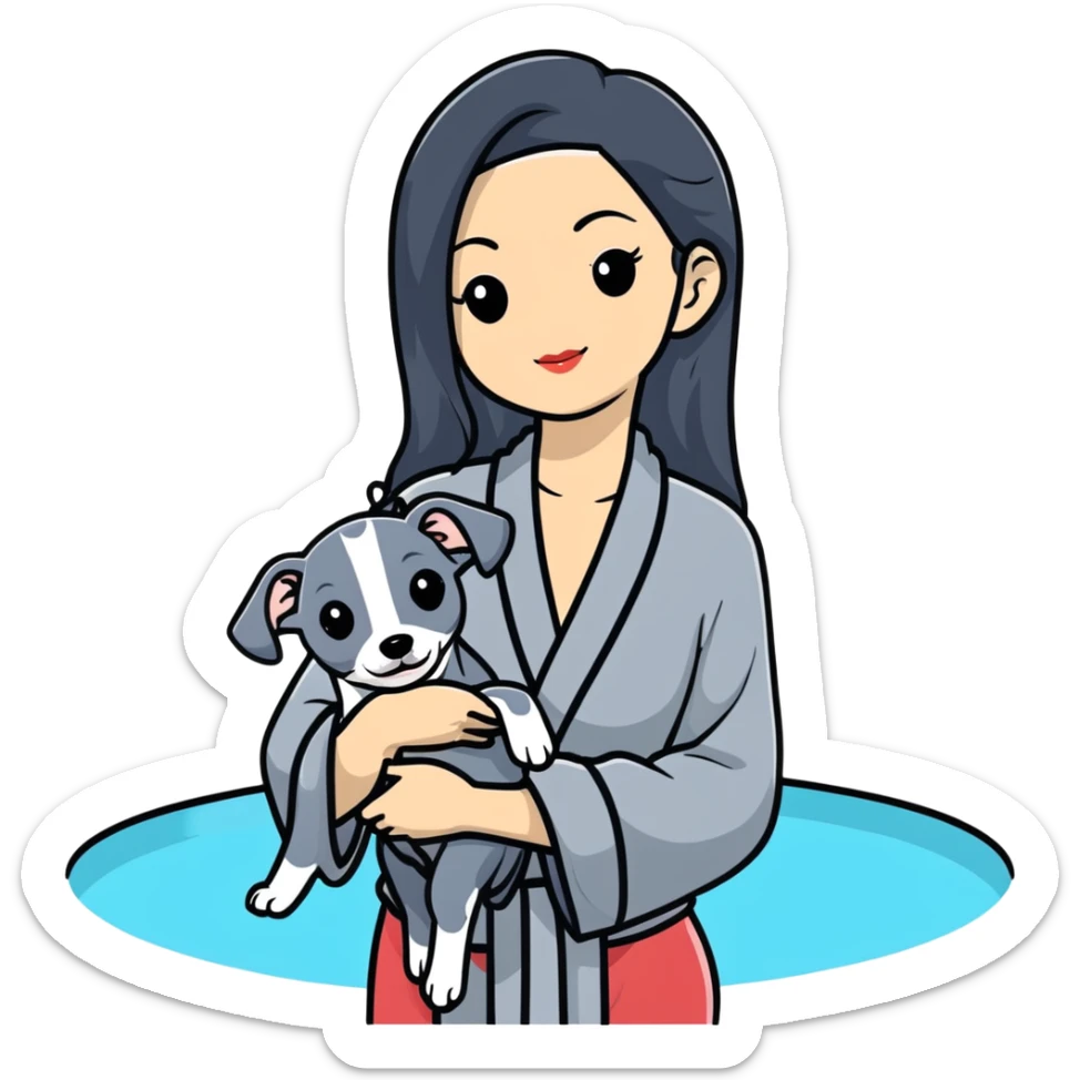 Very thin and slim Chinese woman with long black hair in elegant pool attire at a luxury spa pool with fancy amenities and her Italian greyhound that is COMPLETELY solid dark grey with ABSOLUTELY ZERO white markings anywhere - 100% uniform dark grey color only sticker