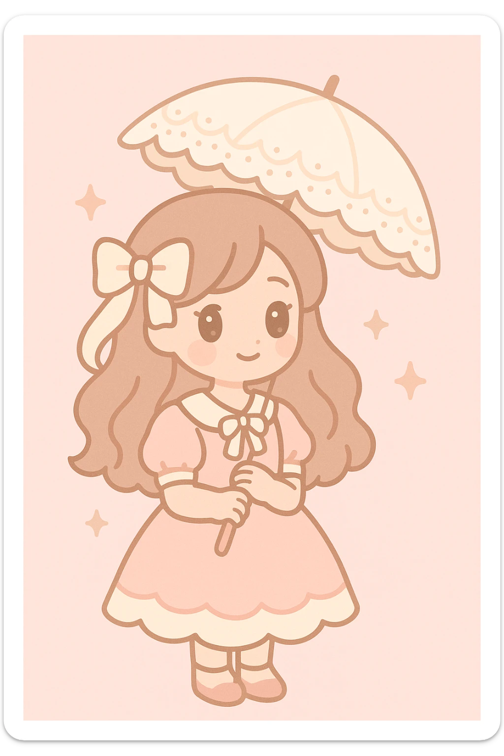 a girl in coquette style holding a lace parasol, long wavy hair with a bow, vintage-inspired outfit, soft pink and cream palette, gentle smile sticker