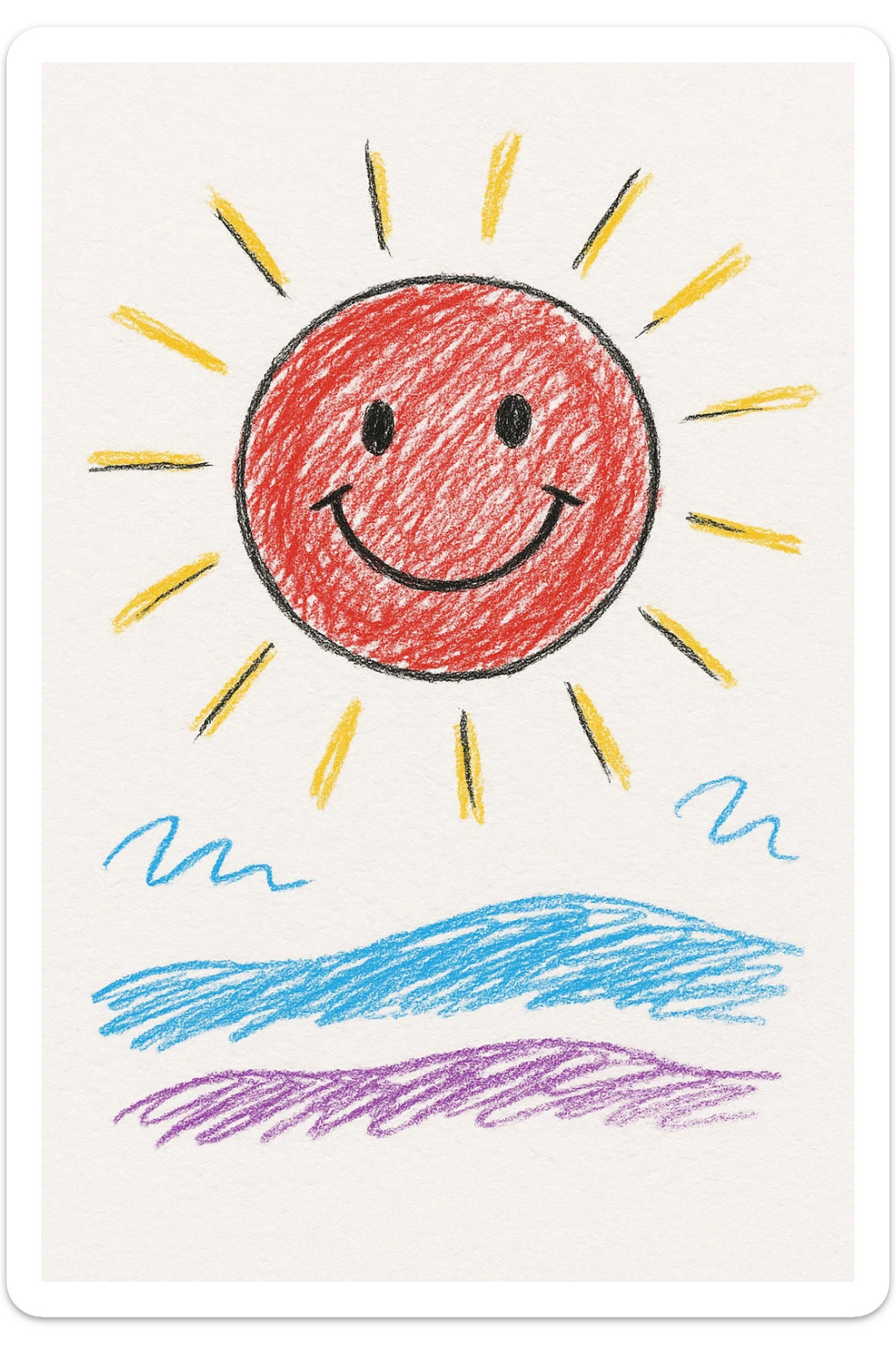 a smiling sun with rays, children's doodle style sticker