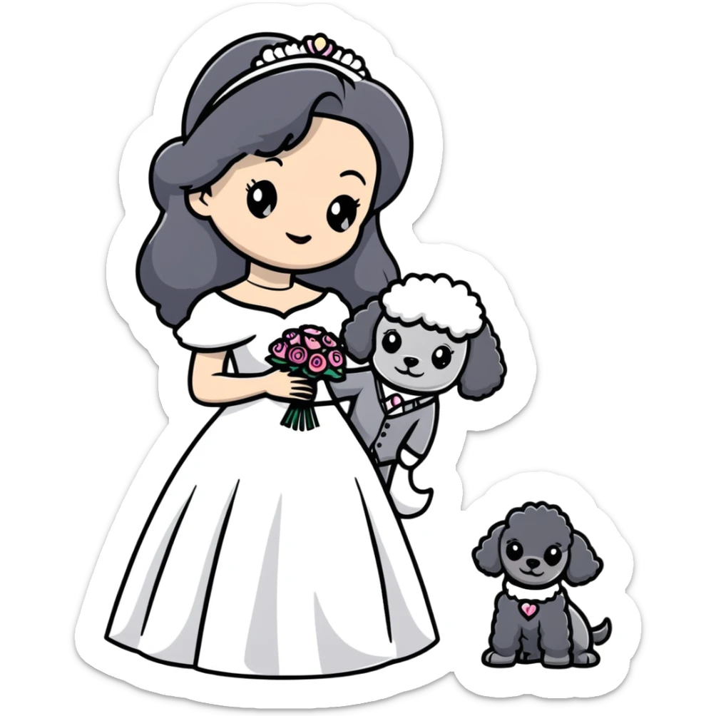 A beautiful girl with long black hair in a wedding dress holds a small gray poodle sticker