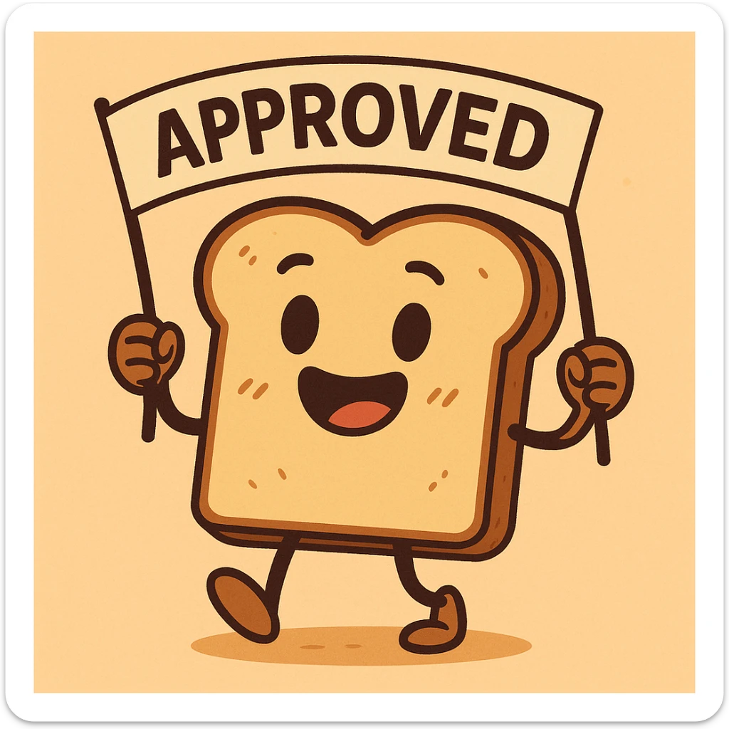 fun and friendly avatar style slice of toast with a happy face, holding a banner that says 'APPROVED' sticker