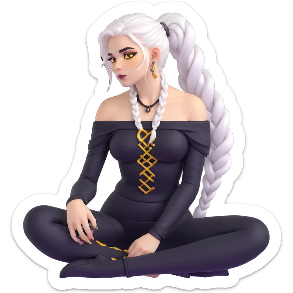 closeup portrait of young woman with gold yellow eyes, white hair in a long braid, black off-shoulder top, punk gothic style, futuristic cyberwave, sitting position sticker
