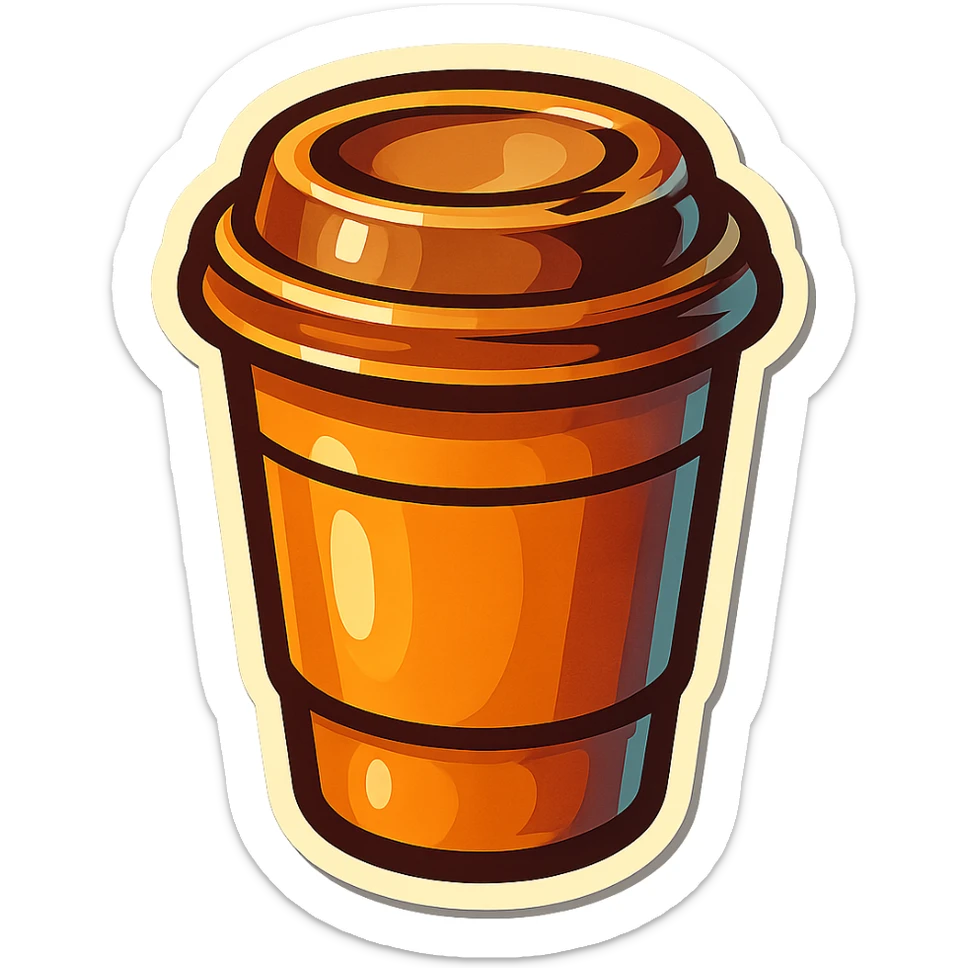 retro sticker-style illustration of a to-go coffee cup with a lid, bold outlines, juicy colors, expressive shadows and highlights, playful and glossy look, inviting and fun sticker