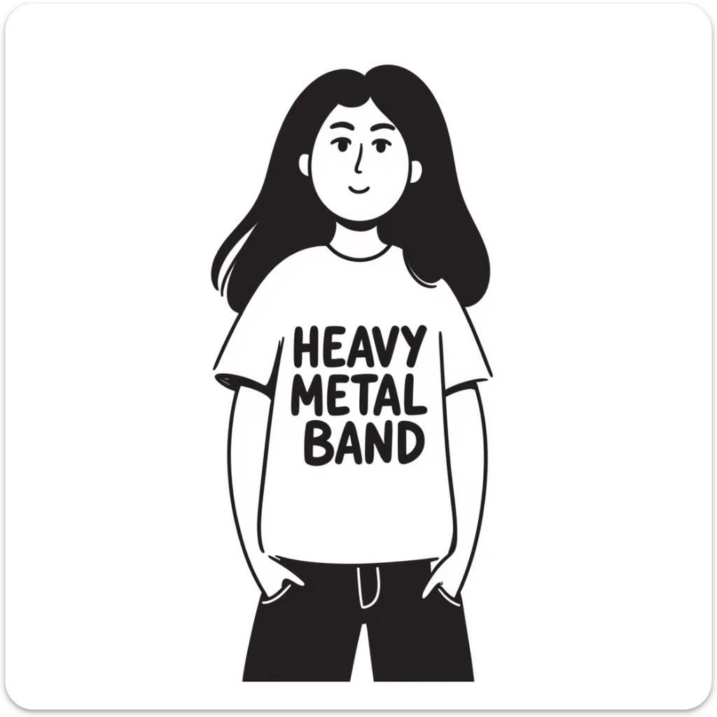 A person with long black hair, wearing a heavy metal band shirt, with a cool smirk on their face sticker