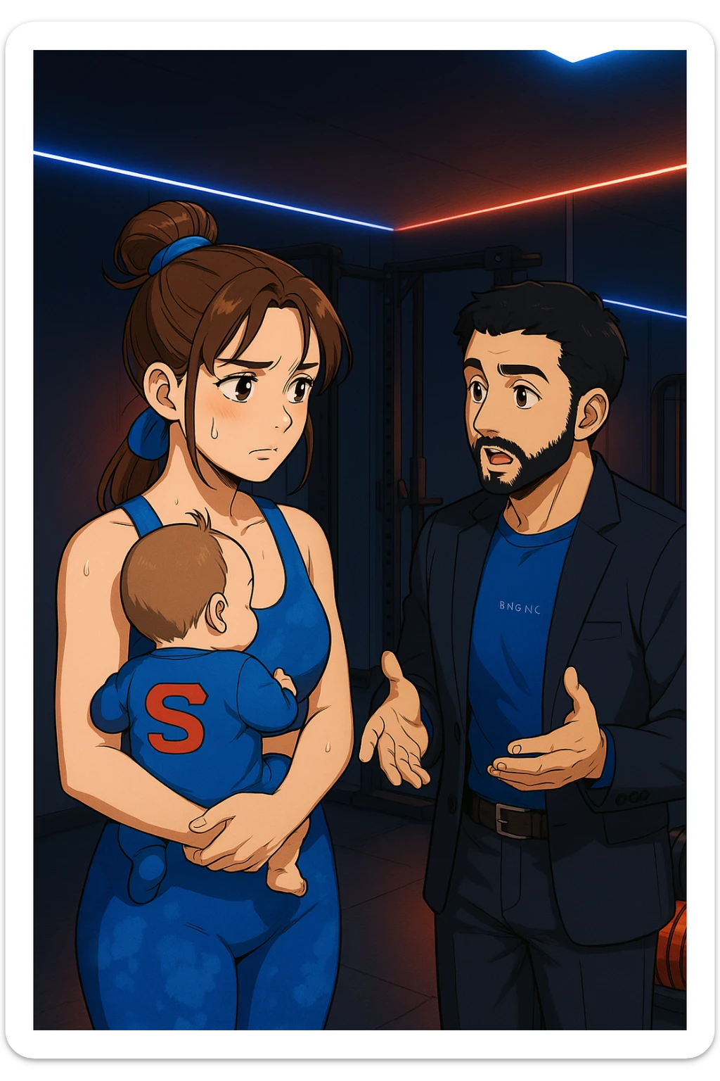 ispirati a questo stile di disegno e fai questa immagine in versione manga/webtoon a colori, il manga mostra la donna preoccupata con un neonato in braccio con una tutina azzurra e la scritta "S" sulla schiena, mentre ascolta l'uomo mentre l'uomo gli sta spiegando una cosa, ma non fare i fumetti, fai come se stessero parlando sticker