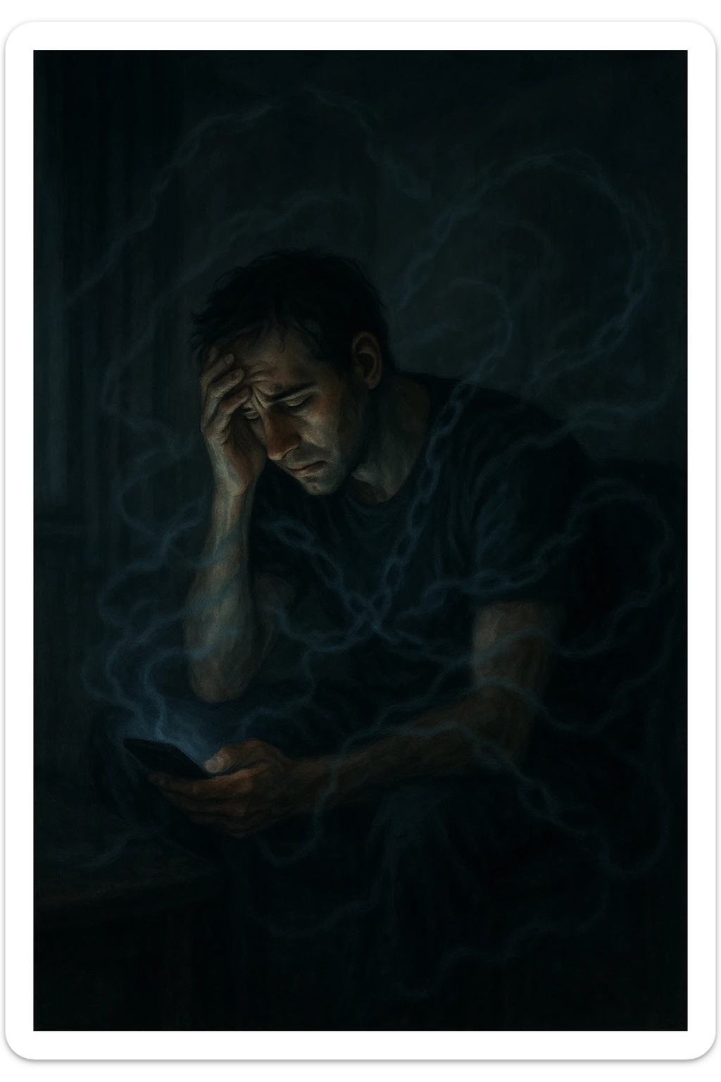 a man sits alone in a dimly lit room at night, illuminated only by the glow of a computer or phone screen. His posture is slouched, and his expression is tired and troubled. Around him, faint, ghostly chains or shadows subtly wrap around his body, symbolizing addiction and emotional distress. The background is blurred, emphasizing isolation and discomfort. in italiano sticker