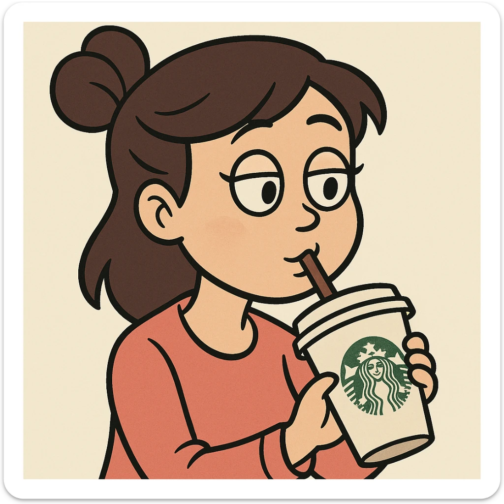 Japanese girl drinking a Starbucks coffee, simple cartoon style, light background sticker
