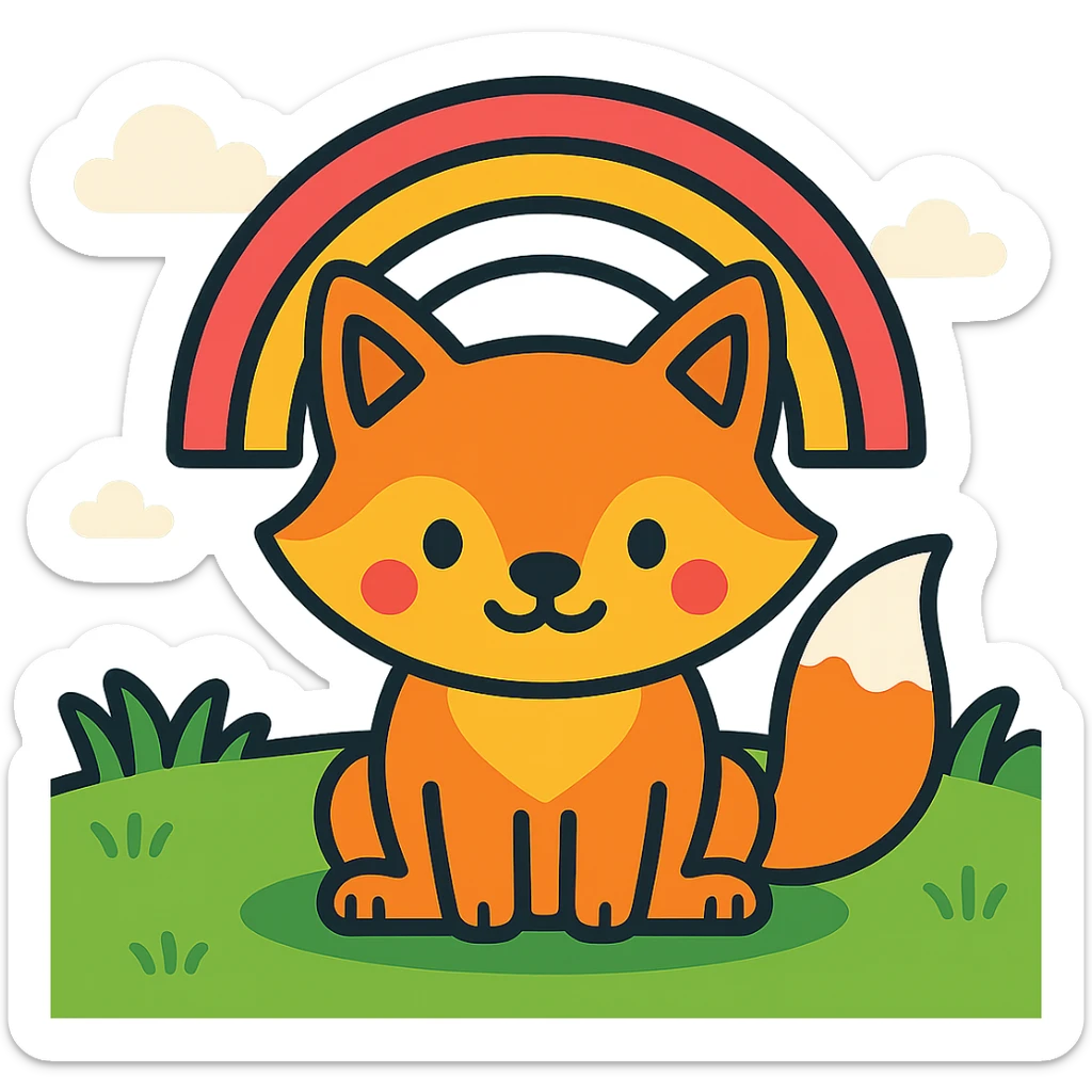 Add a bright, cartoon-style outdoor background with grass and sky to the cute fox with a rainbow in color outline icon style. sticker