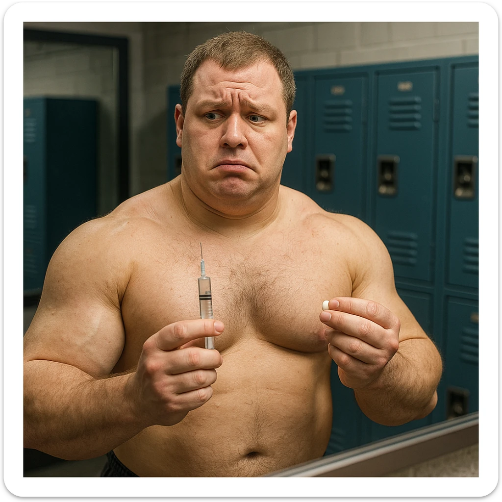 realistic inexperienced bodybuilder in front of mirror holding syringe of testosterone and pill of aromatase inhibitor, doubtful expression, swollen muscles but puffy face, locker room background, 4K quality sticker