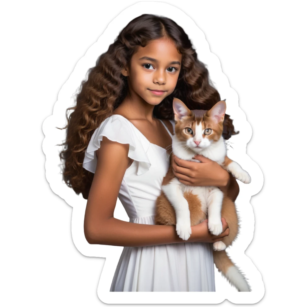 beautiful girl with curly long brown hair wearing a white dress holding an Abyssinian cat with reddish-brown fur in her arms sticker