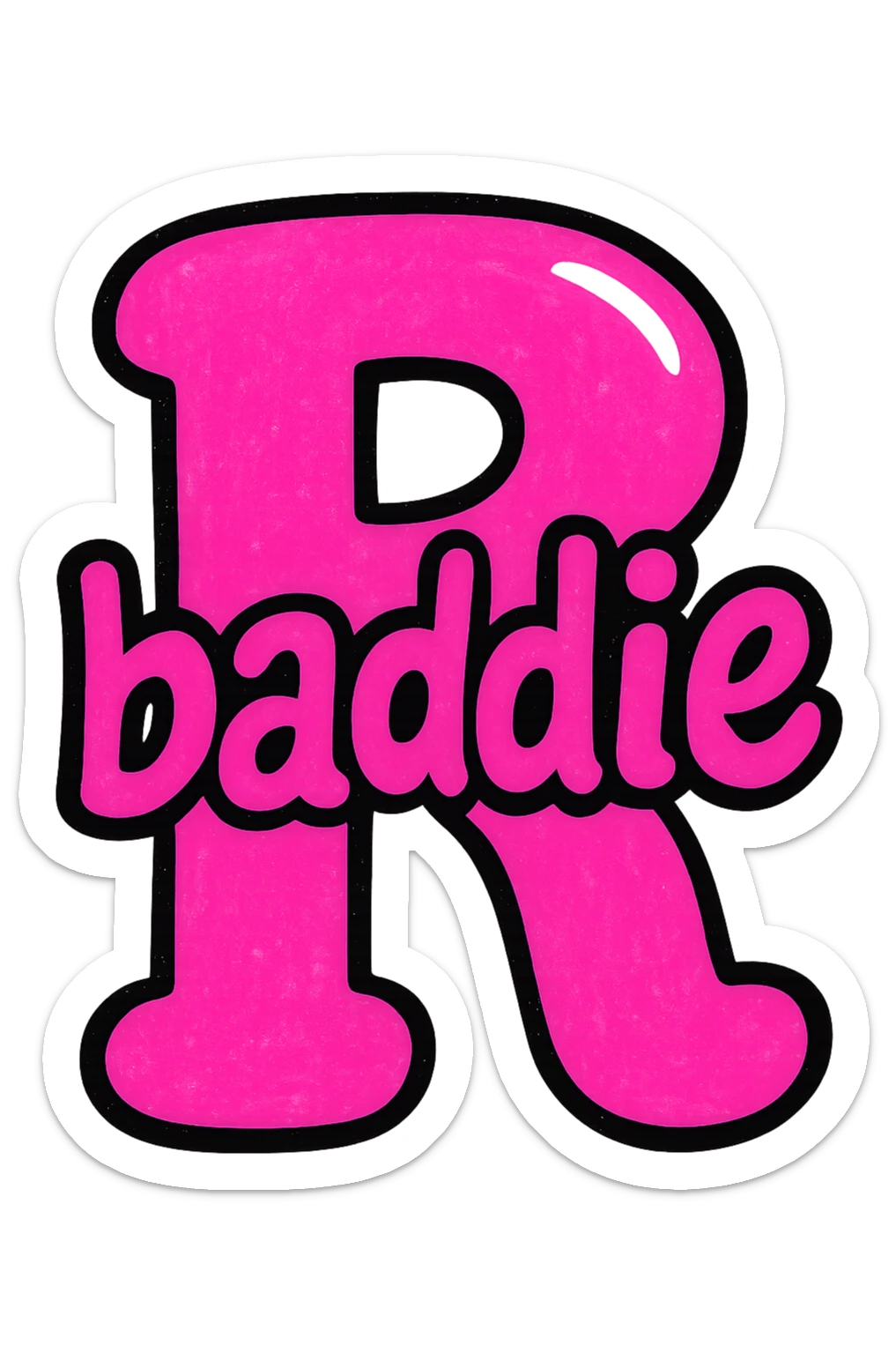 pink bubble letter R with the word 'baddie' written across it, playful bold style sticker