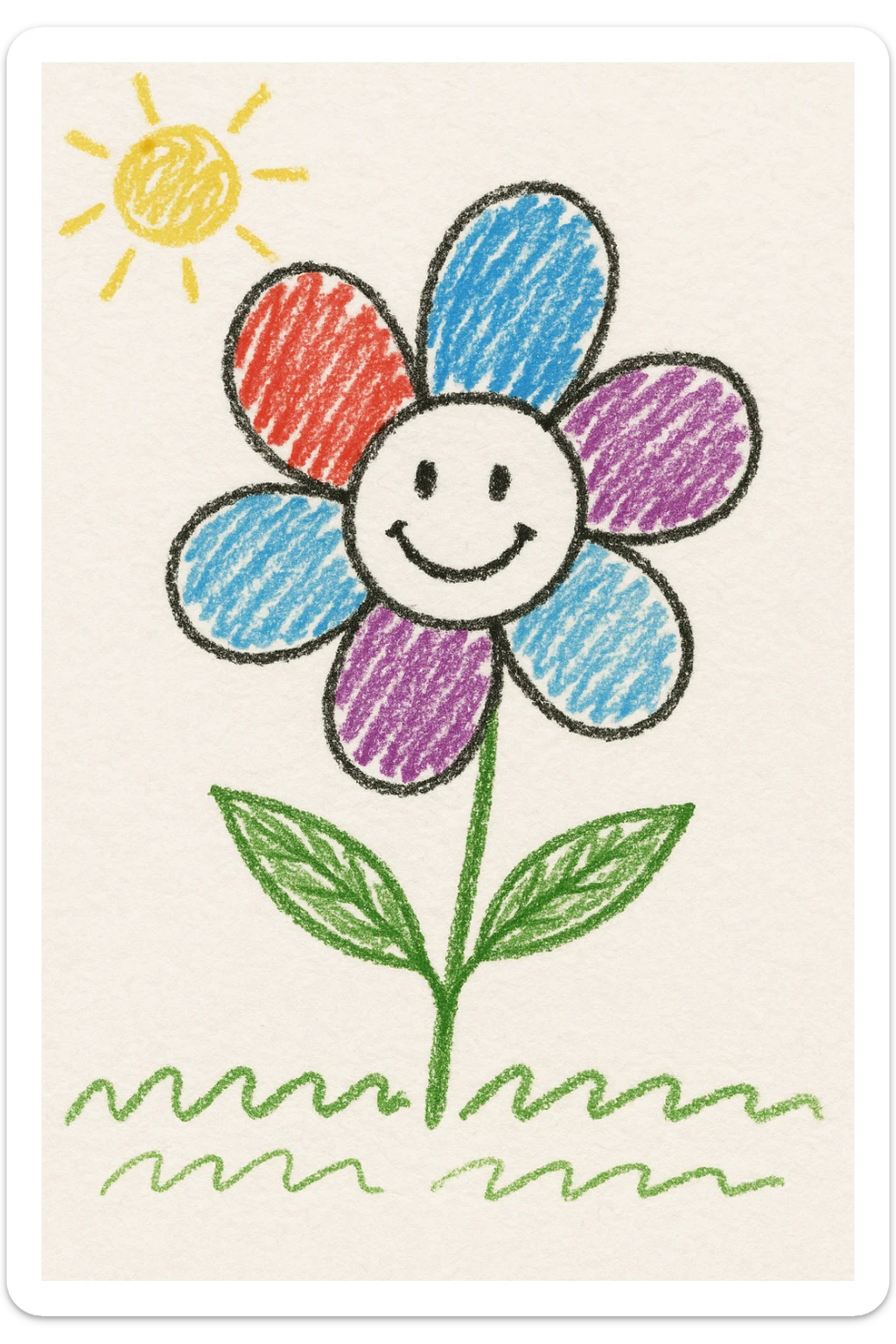a flower with five petals and a happy face, children's doodle style sticker