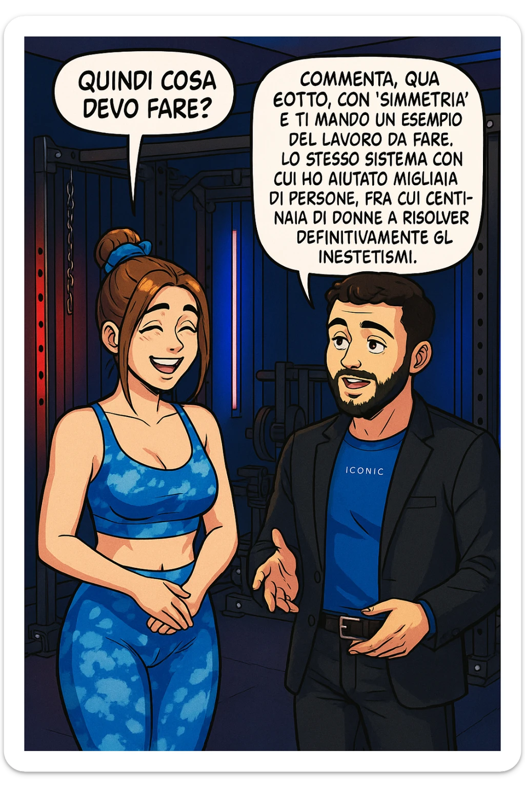 TRASFORMA QUESTO CAROSELLO IN UN FUMETTO STILE WEBTOON/MANGA A COLORI CON QUESTE DUE PERSONE IDENTICHE CHE INTERLOQUISCONO TRA LORO, LA DONNA SEMBRA SOLLEVATA/SODDISFATTA E CONTENTA:

LEI (DONNA): Quindi cosa devo fare?
LUI (UOMO): Commenta, qua sotto, con “simmetria” e ti mando un esempio del lavoro da fare. Lo stesso sistema con cui ho aiutato migliaia di persone, fra cui centinaia di donne a risolvere definitivamente gli inestetismi. sticker