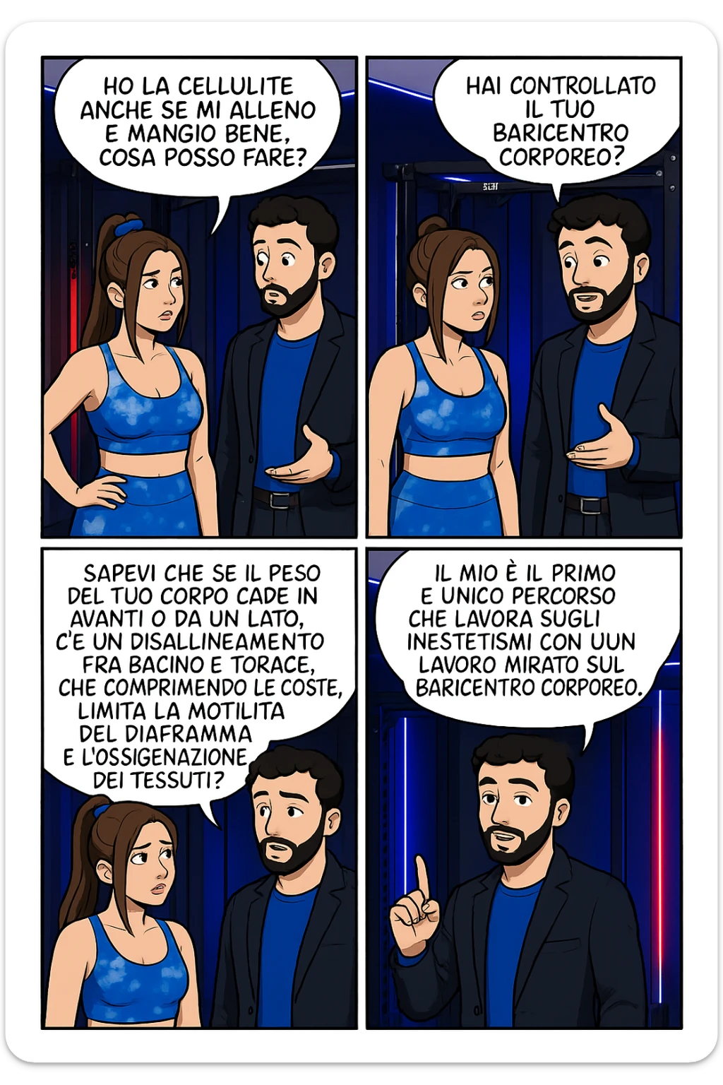 TRASFORMA QUESTO CAROSELLO IN UN FUMETTO CON QUESTE DUE PERSONE IDENTICHE CHE INTERLOQUISCONO TRA LORO:

LEI: Ho la cellulite anche se mi alleno e mangio bene, cosa posso fare?

LUI: Hai controllato il tuo baricentro corporeo?
LUI: Sapevi che se il peso del tuo corpo cade in avanti o da un lato, c’è un disallineamento fra bacino e torace, che comprimendo le coste, limita la motilità del diaframma e l’ossigenazione dei tessuti?
LUI: Il mio è il primo e unico percorso che lavora sugli inestetismi con un lavoro mirato sul baricentro corporeo. sticker