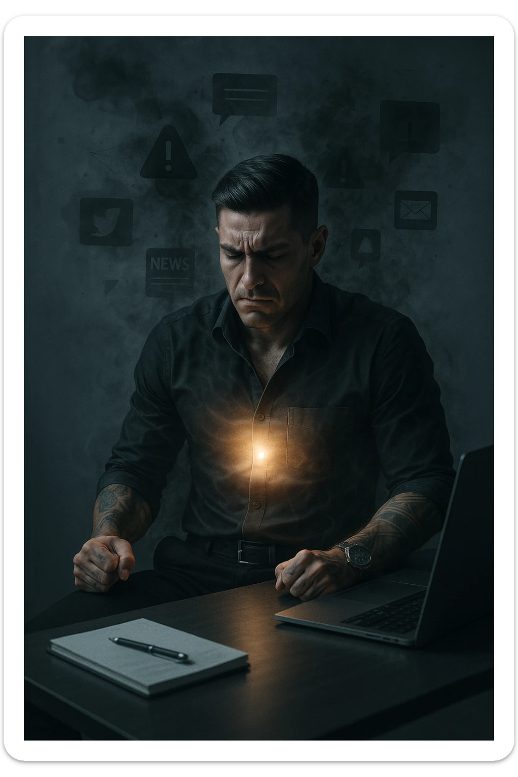 A highly realistic, cinematic image of a young man in his early 30s, sitting at a modern office desk under harsh artificial lighting, shoulders hunched, jaw clenched, and breathing shallowly, symbolizing how modern society forces people to live in a state of chronic tension and restricted breathing. Around him, faint black and grey visual elements represent notifications, deadlines, social media icons, and news alerts, swirling around his head like a chaotic storm, symbolizing societal pressure. His chest appears visually tight and compressed, and faint dark smoke emanates from his body, representing blocked breath and internalized stress. In contrast, a faint glowing light near his chest and abdomen tries to expand, symbolizing the innate desire of the body to breathe freely and deeply. The environment is cold and minimalistic, with a sense of stillness and tension, captured in a hyperrealistic 35mm film style with muted colors, focusing on the man's tense posture and restricted breathing to reflect the unseen burden of modern living. sticker