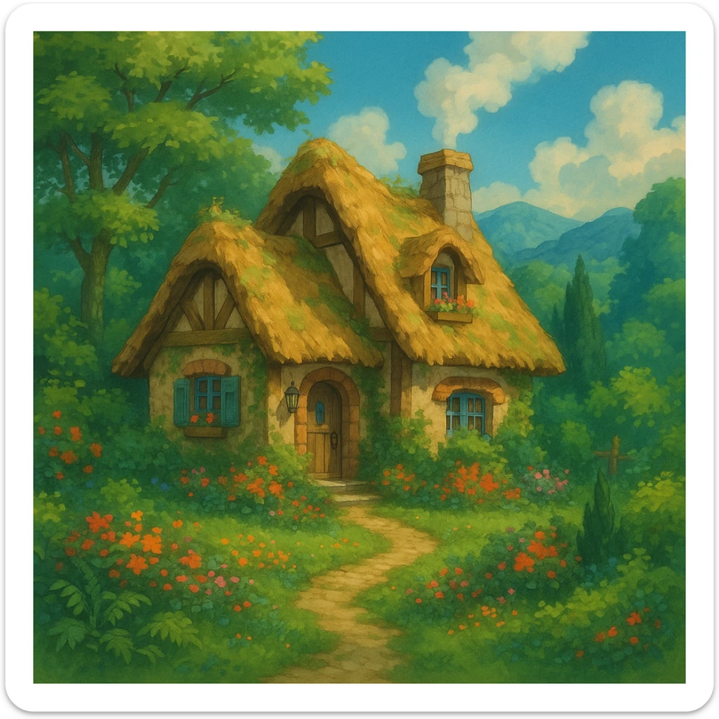 a cozy cottage in a magical landscape, ghibli style, detailed, enchanting, lush environment sticker