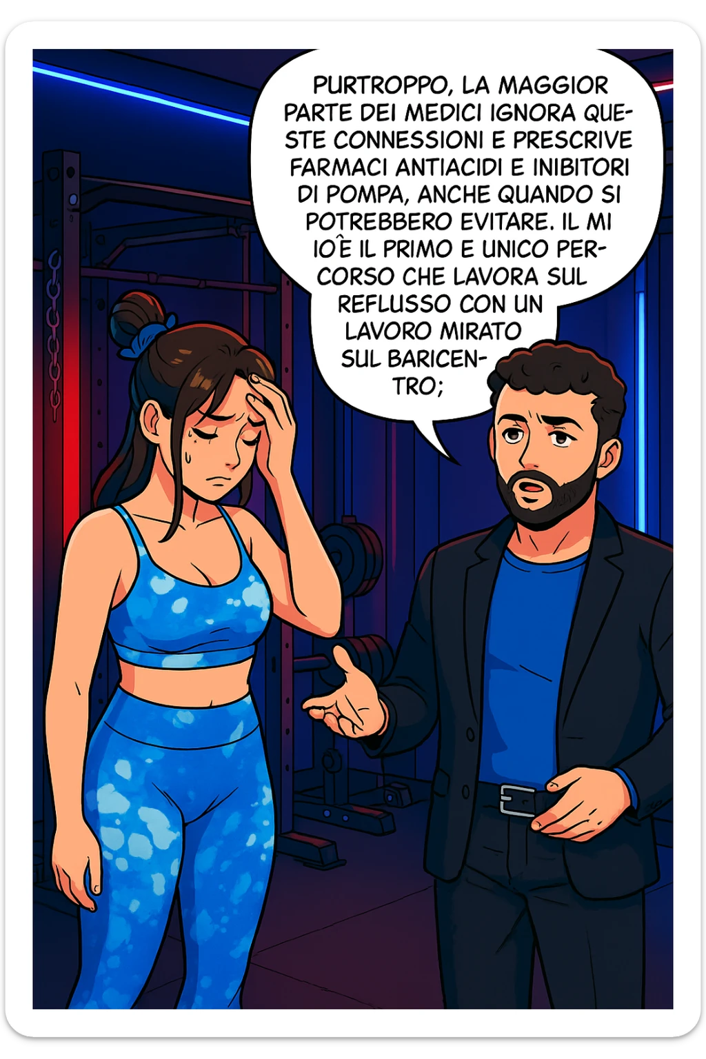 TRASFORMA QUESTO CAROSELLO IN UN FUMETTO STILE WEBTOON/MANGA A COLORI CON QUESTE DUE PERSONE IDENTICHE CHE INTERLOQUISCONO TRA LORO, L'uomo sta spiegando alla donna questo concetto MENTRE LA DONNA SI TIENE la mano sulla fronte sconcertata:

LUI (UOMO): Purtroppo, la maggior parte dei medici ignora queste connessioni e prescrive farmaci antiacidi e inibitori di pompa, anche quando si potrebbero evitare.
Il mio è il primo e unico percorso che lavora sul reflusso con un lavoro mirato sul baricentro; sticker