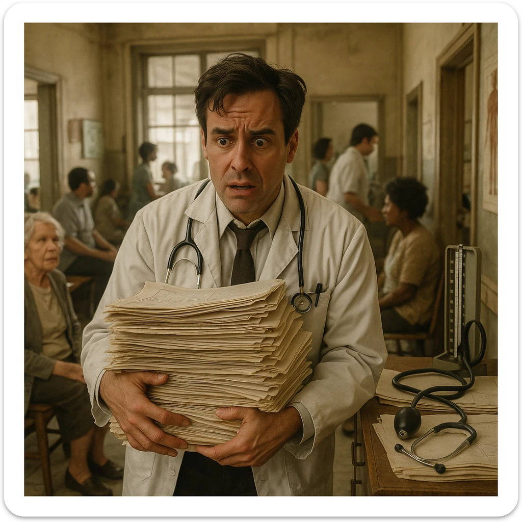 A stressed doctor with a stack of paper charts, busy with many patients, clinic lacking modern technology, old-fashioned medical tools sticker