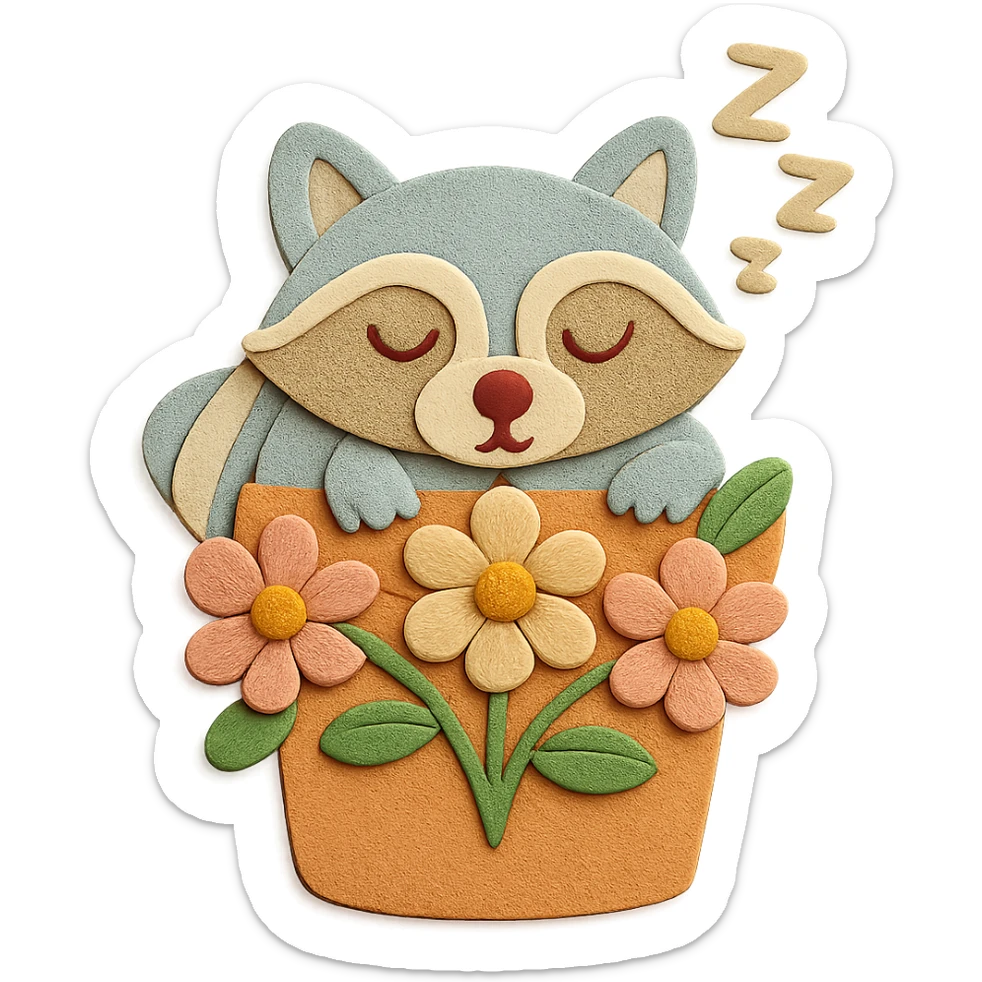 Make the surface texture and finish of the raccoon-in-flower-pot image match the attached fox-and-squirrel image. Keep all designs and elements unchanged, just follow the surface style. sticker