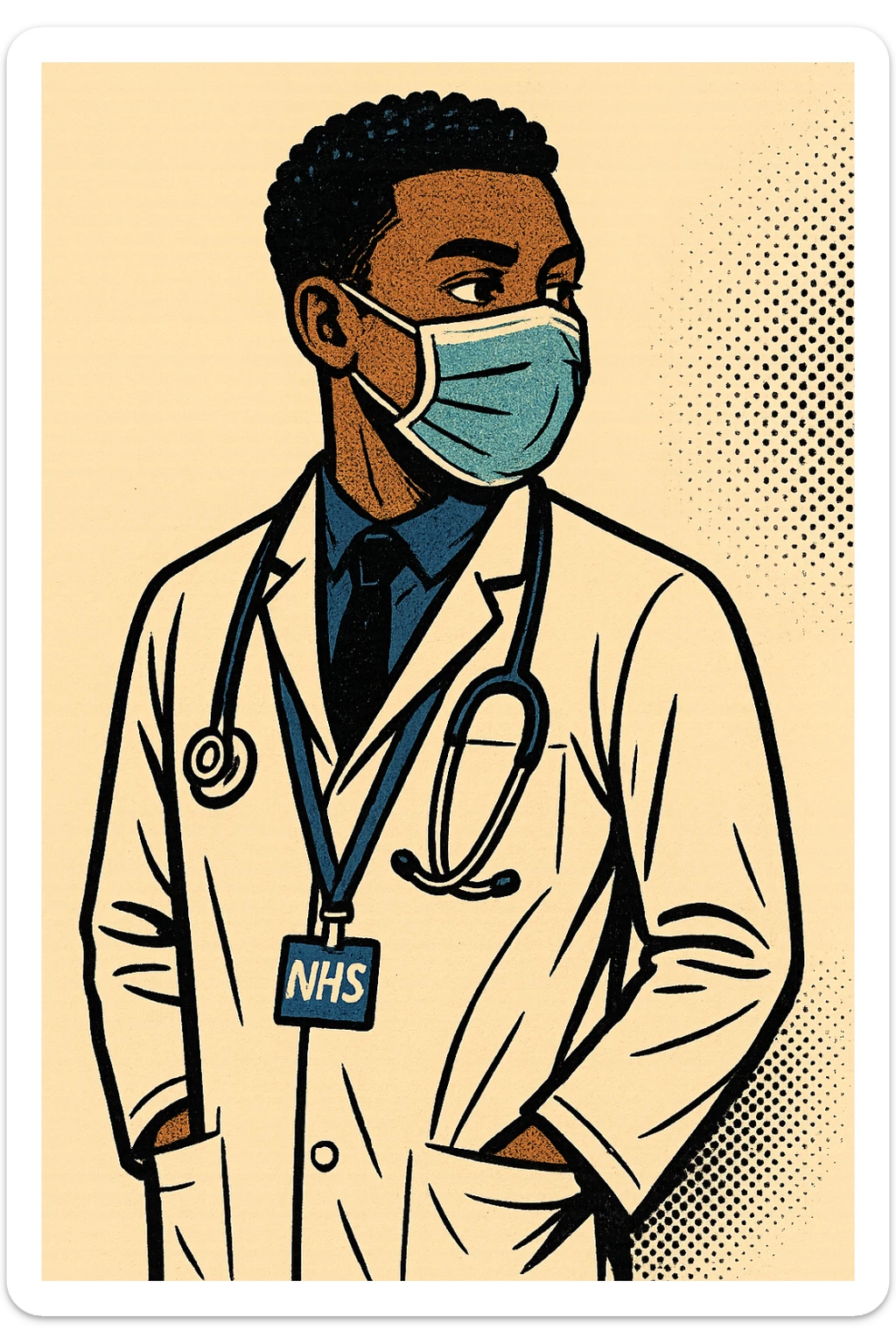 the full body of a young make black doctor from 2020 wearing a face mask.  He is looking calm. he is also wearing an NHS lanyard around his neck and facing RIGHT sticker