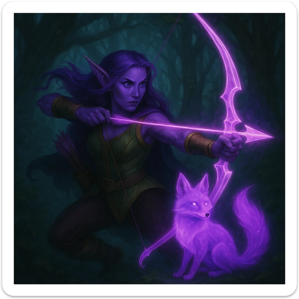 Add a magical pet companion, such as a glowing spirit fox or small dragon, beside the purple fantasy elf archer. Keep the fantasy theme and color harmony in a style consistent with the original image. sticker