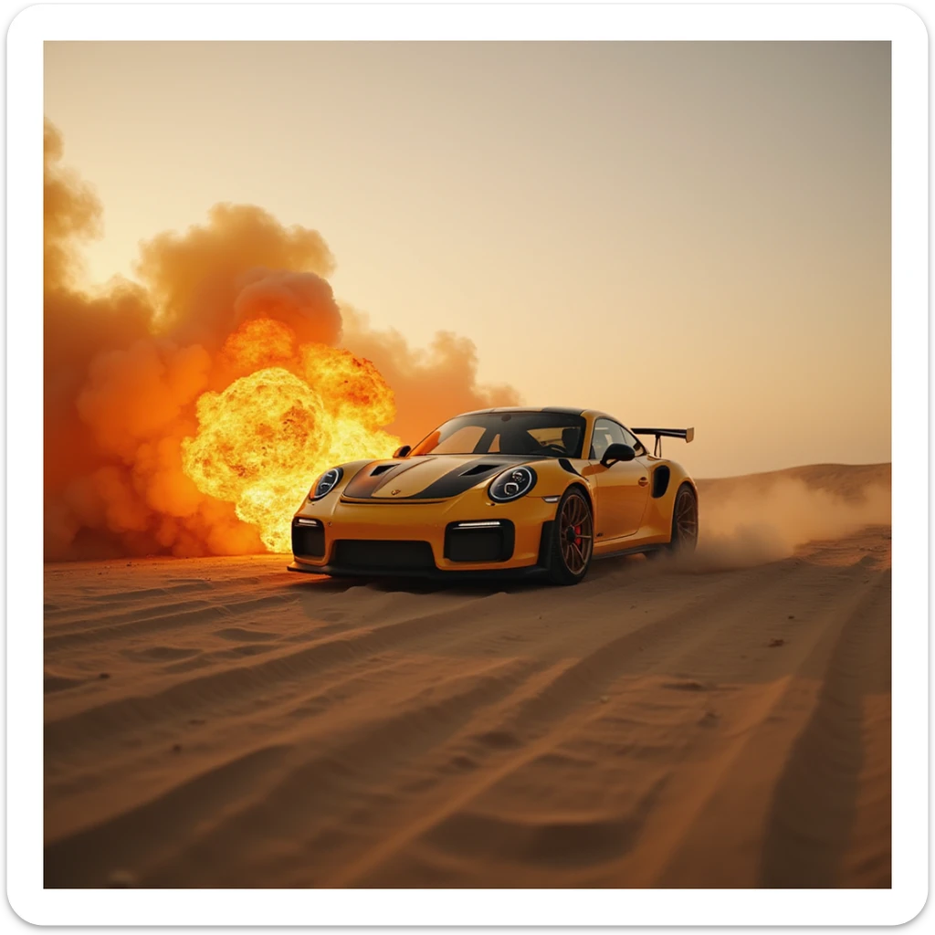 Cinematic shot, Porsche 911 gt3 rs in fire, desert, sunny day, dubai in background sticker