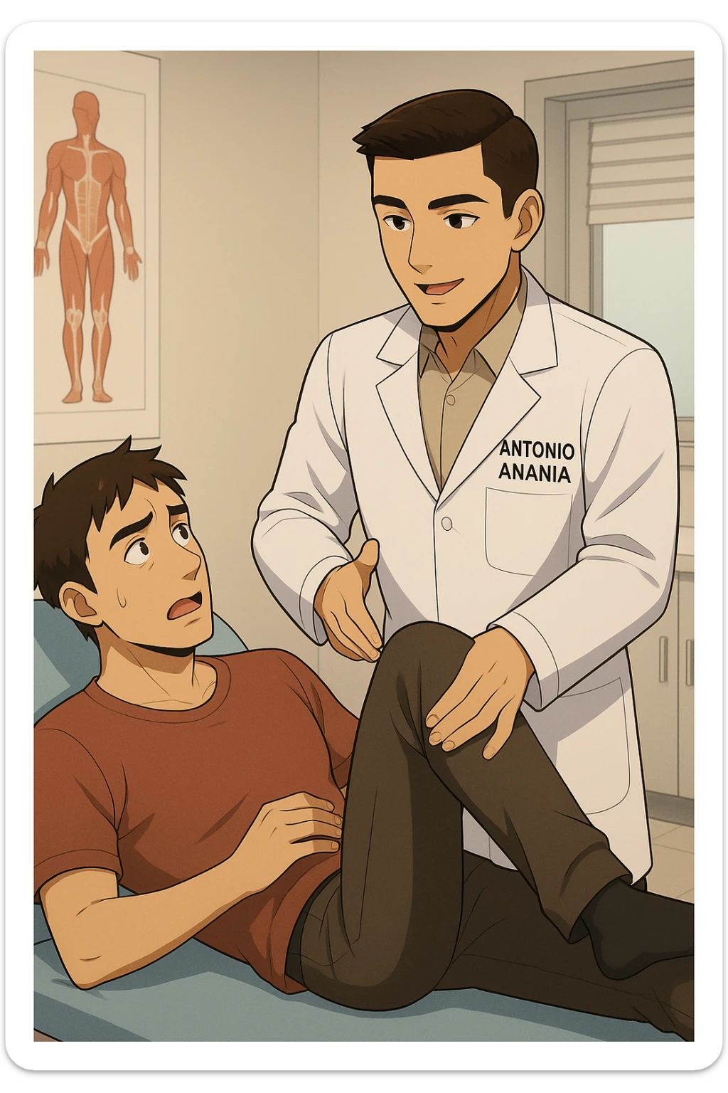fai un webtoon manga a colori con questo stile, in cui un uomo è steso sul lettino medico e il kinesiologo con il camice bianco (fagli anche la scritta "ANTONIO ANANIA" SUL CAMICE, gli solleva una gamba per fargli il test neuromuscolare, IL KINESIOLOGO SPIEGA ALL'UOMO UNA cosa mentre gli alza la gamba. non fare i fumetti però, fai solo in modo che sembri stiano parlando sticker