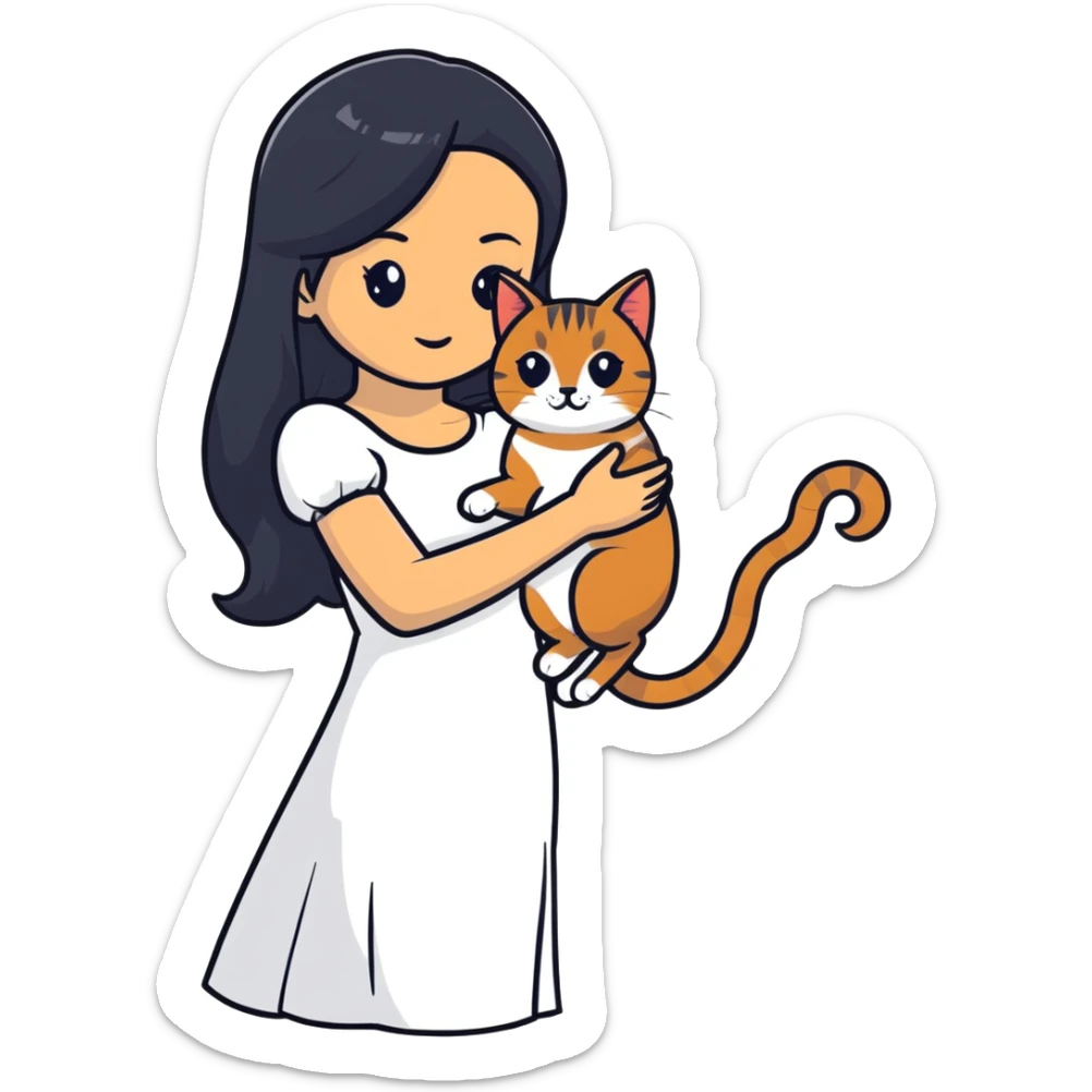 A beautiful girl with long black hair wearing a white dress holds an Abyssinian cat in her arms sticker