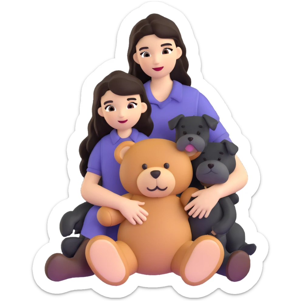 Kendall Jenner with long dark hair, holds a brown teddy bear and a black schnauzer sticker