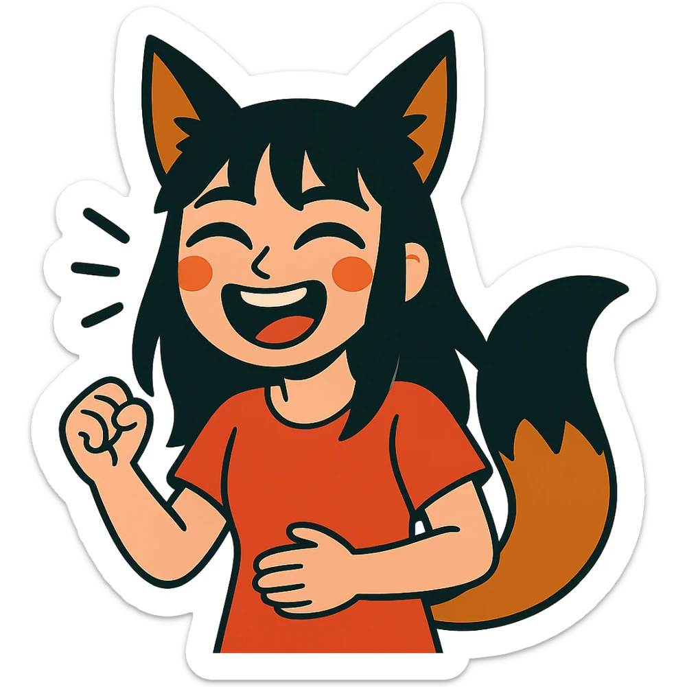 A girl with black fox ears and a tail, green eyes, dark hair, laughing sticker