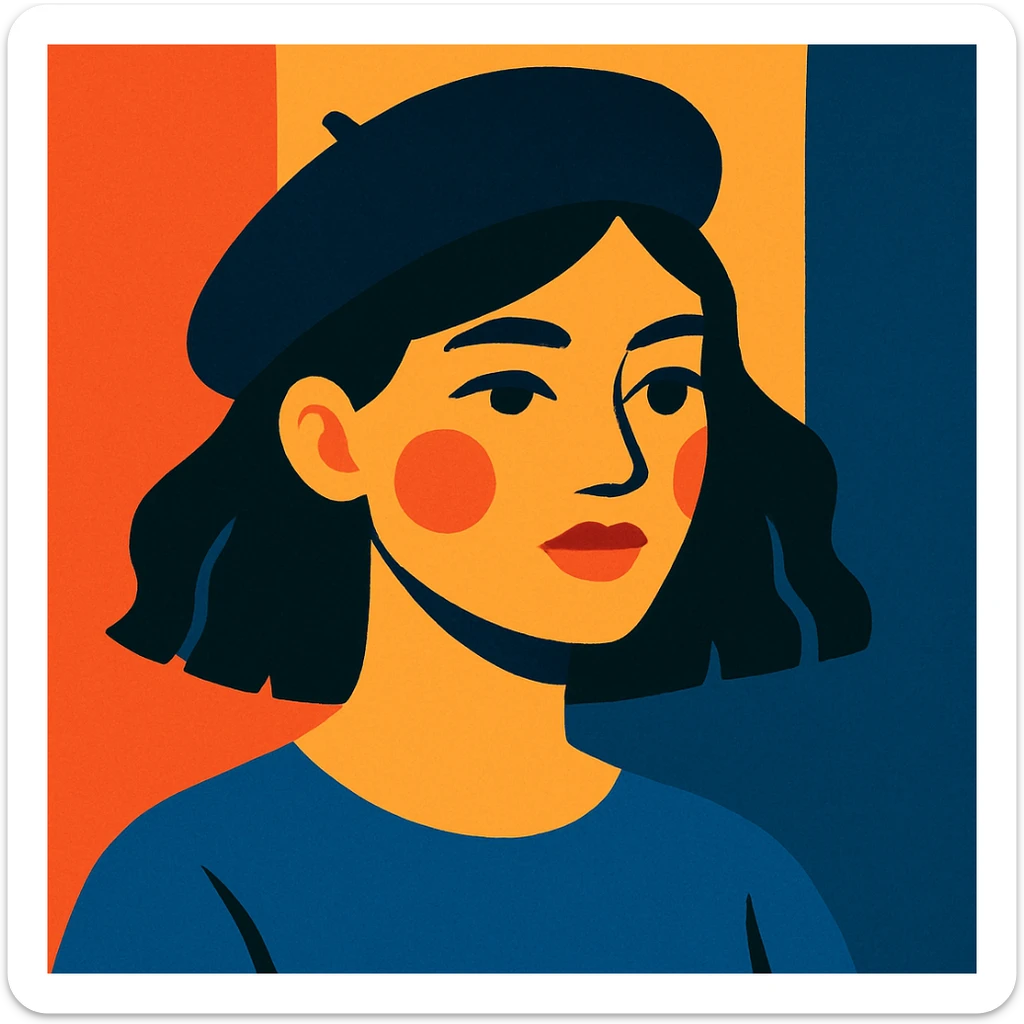 a girl with dark hair wearing a black beret hat, modern illustration style sticker