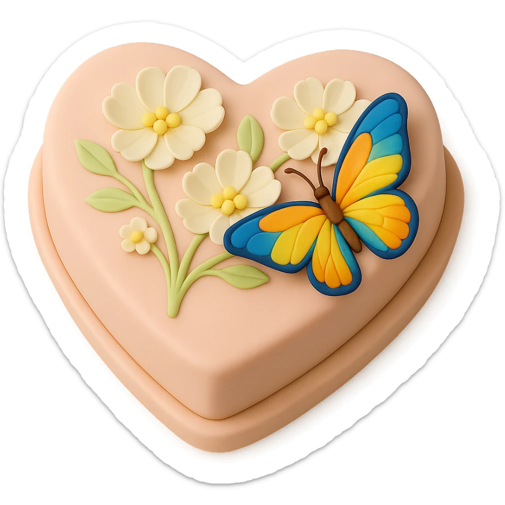 Add a colorful butterfly to the heart-shaped fondant cake with white flowers, fondant cake art style, keep transparent background. sticker