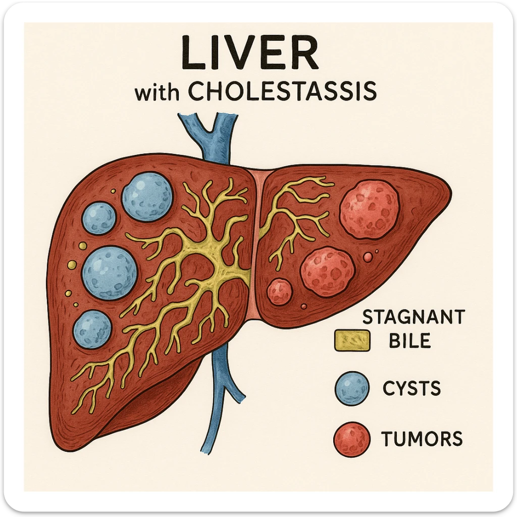 medical drawing of liver with cholestasis (highlighted stagnant bile), visible cysts and tumors, using distinct colors for each pathology, precise and educational medical illustrative style sticker