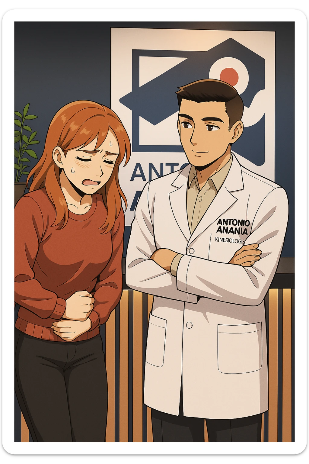 su questo stile fai un manga/webtoon a colori in cui una donna si lamenta che sta male e ha mal di pancia, l'uomo della foto in stile manga gli risponde, mantieni un ambiente simile alla foto che ho allegato con il suo logo (sarebbe il suo studio, lui è un kinesiologo), scrivigli "ANTONIO ANANIA" sul camice bianco, non mettere fumetti, ma fai in modo che sembri che la donna chiede una cosa e l'uomo risponde alla sua domanda sticker