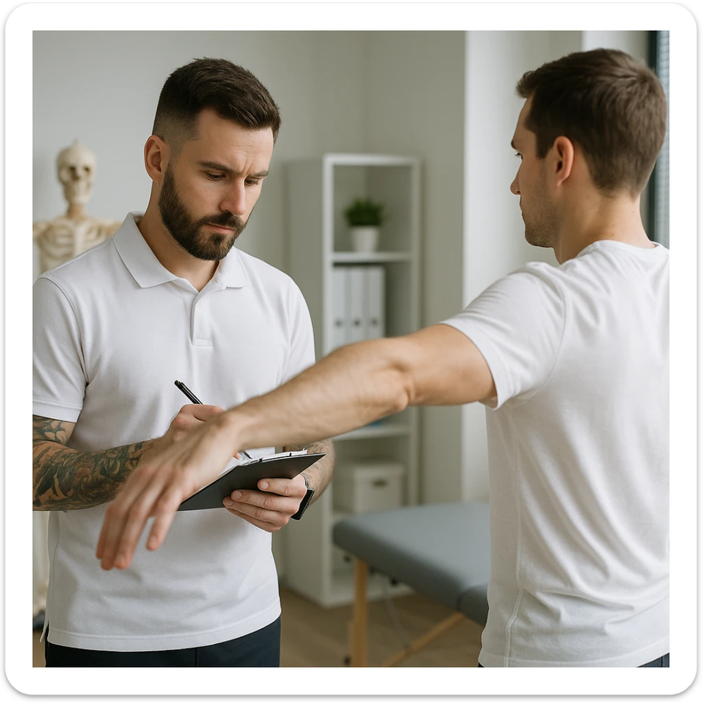 realistic kinesiologist wearing a white shirt with tattoos on arms and a dark wristwatch, observing and noting results of kinesiological assessment on a patient wearing a white t-shirt in a modern clinical environment, professional details, inspired by reference photo https://attic.sh/r66tucayi7ewfjges2vhulor9bux sticker