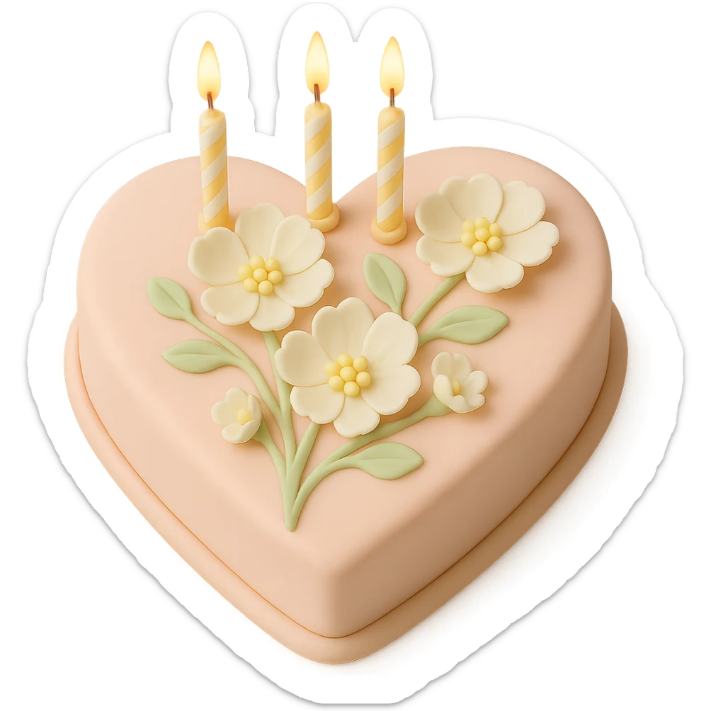 Add birthday candles to the heart-shaped fondant cake with white flowers, fondant cake art style, keep transparent background. sticker